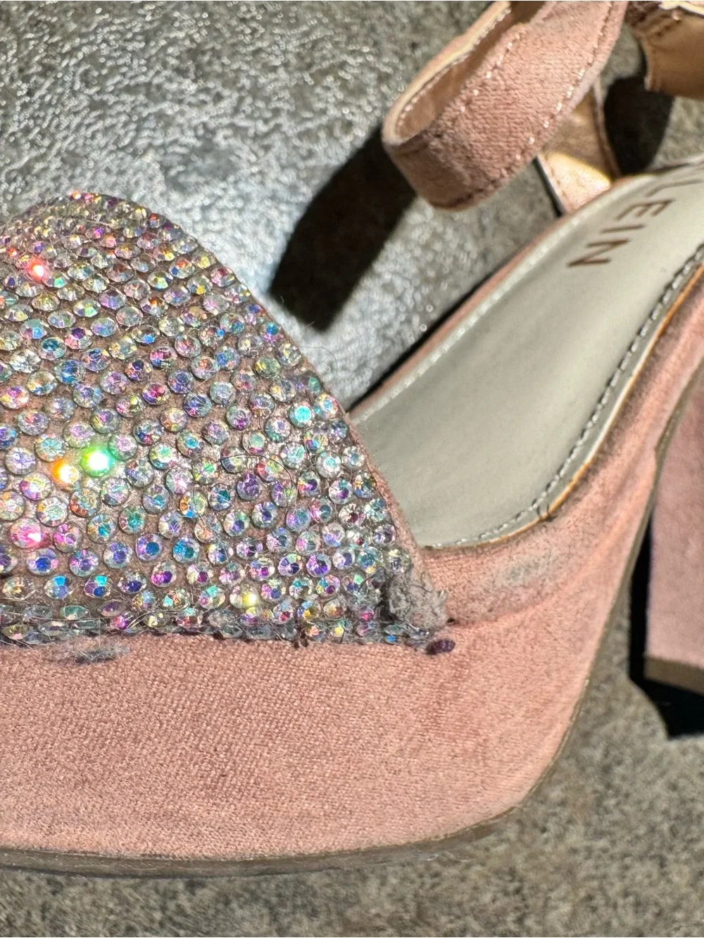 Anne Klein Pink Suede Block Heel Sandals with Rhinestone Strap 9.5
